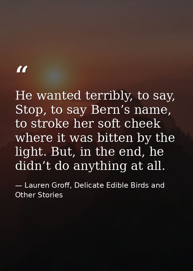 He wanted terribly, to say, Stop, to say Bern’s name, to stroke her soft cheek where it was bitten by the light. But, in — Lauren Groff, Delicate Edible Birds and Other Stories