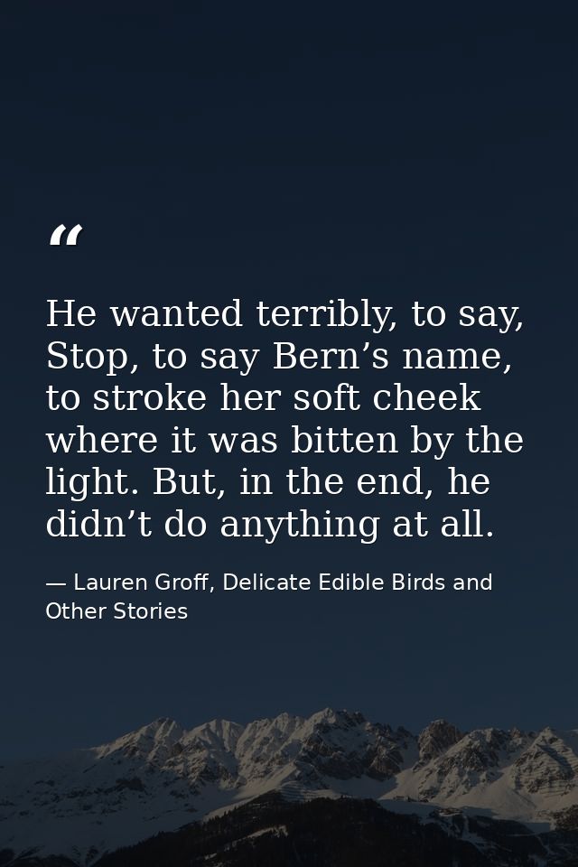 He wanted terribly, to say, Stop, to say Bern’s name, to stroke her soft cheek where it was bitten by the light. But, in — Lauren Groff, Delicate Edible Birds and Other Stories