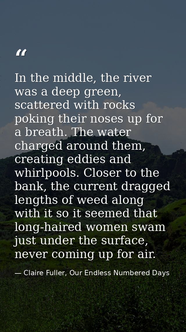 In the middle, the river was a deep green, scattered with rocks poking their noses up for a breath. The water charged ar — Claire Fuller, Our Endless Numbered Days
