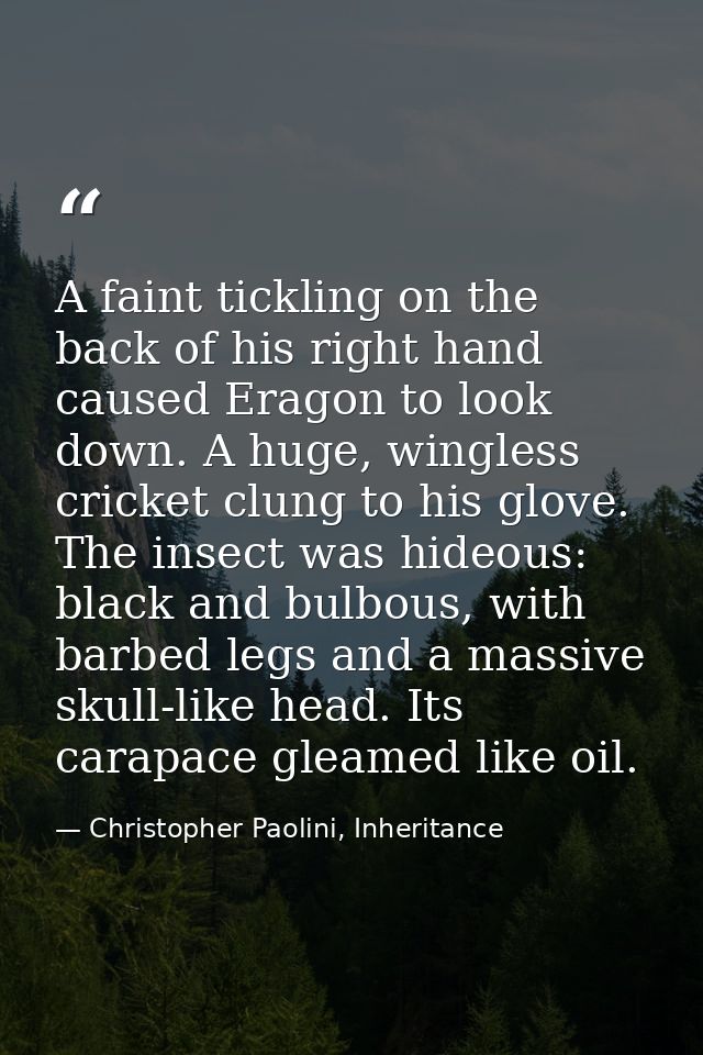 A faint tickling on the back of his right hand caused Eragon to look down. A huge, wingless cricket clung to his glove.  — Christopher Paolini, Inheritance