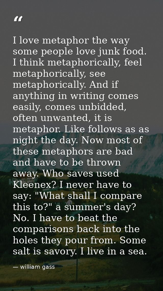 I love metaphor the way some people love junk food. I think metaphorically, feel metaphorically, see metaphorically. And — william gass