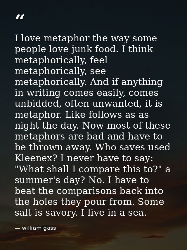 I love metaphor the way some people love junk food. I think metaphorically, feel metaphorically, see metaphorically. And — william gass