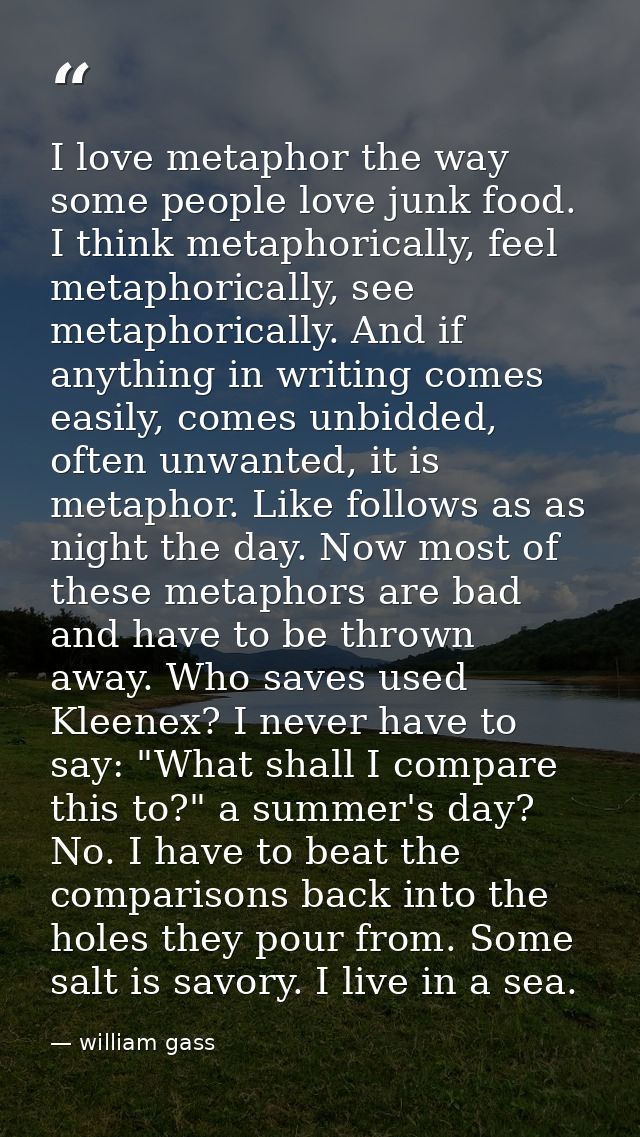 I love metaphor the way some people love junk food. I think metaphorically, feel metaphorically, see metaphorically. And — william gass