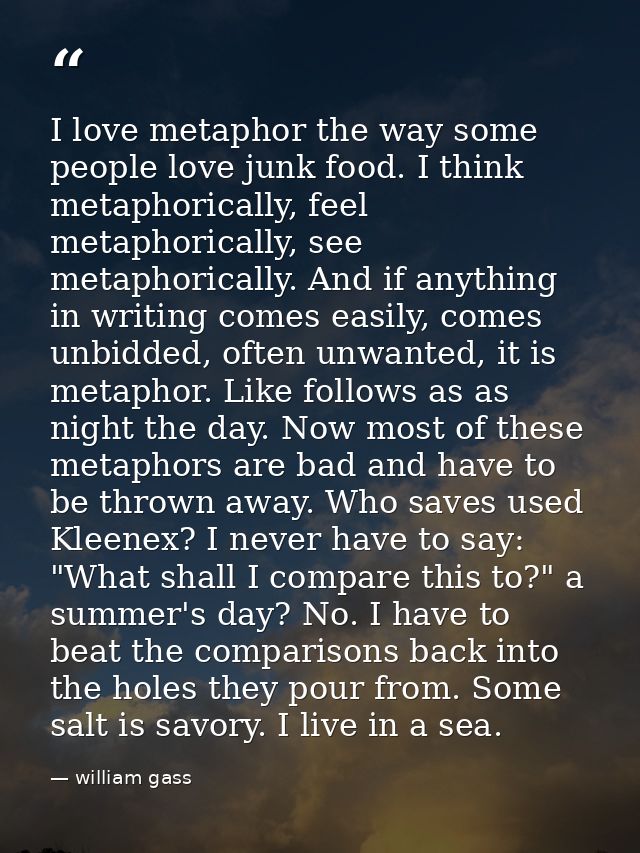 I love metaphor the way some people love junk food. I think metaphorically, feel metaphorically, see metaphorically. And — william gass