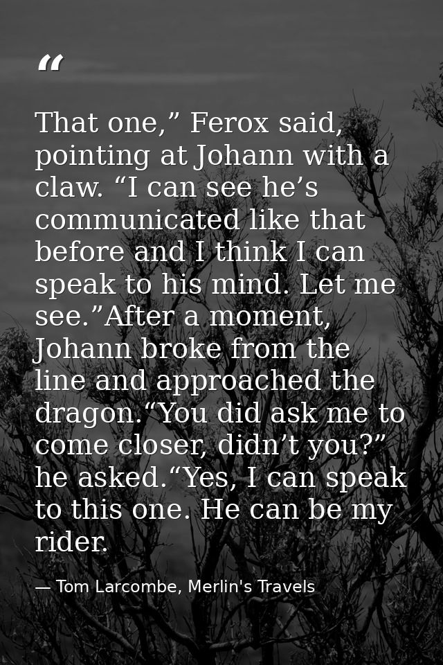 That one,” Ferox said, pointing at Johann with a claw. “I can see he’s communicated like that before and I think I can s — Tom Larcombe, Merlin's Travels