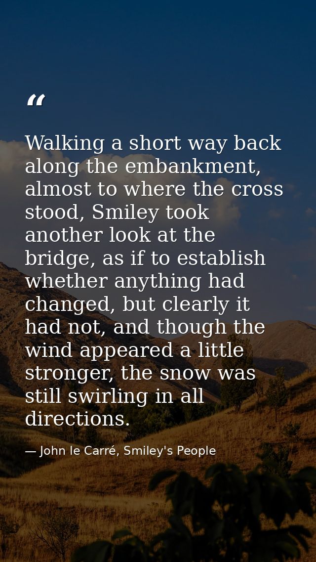 Walking a short way back along the embankment, almost to where the cross stood, Smiley took another look at the bridge,  — John le Carré, Smiley's People