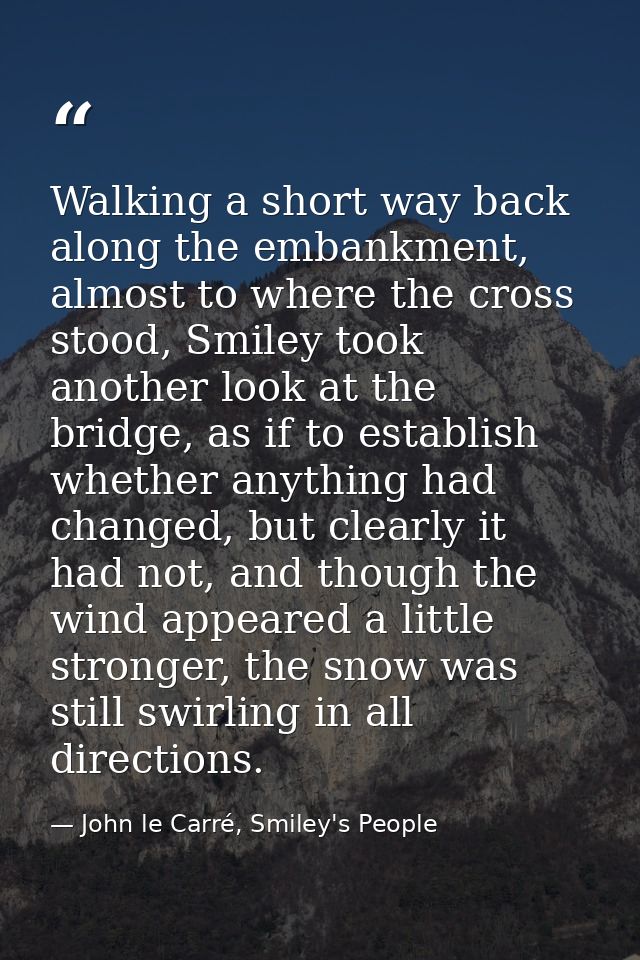 Walking a short way back along the embankment, almost to where the cross stood, Smiley took another look at the bridge,  — John le Carré, Smiley's People