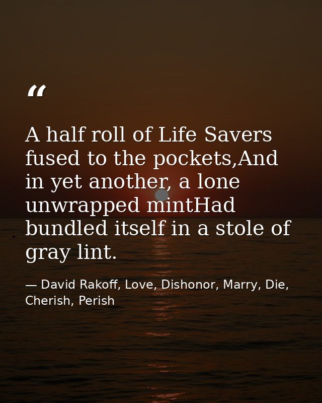 A half roll of Life Savers fused to the pockets,And in yet another, a lone unwrapped mintHad bundled itself in a stole o — David Rakoff, Love, Dishonor, Marry, Die, Cherish, Perish