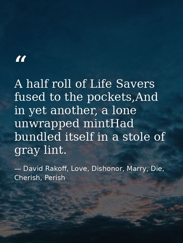 A half roll of Life Savers fused to the pockets,And in yet another, a lone unwrapped mintHad bundled itself in a stole o — David Rakoff, Love, Dishonor, Marry, Die, Cherish, Perish