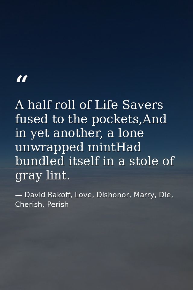A half roll of Life Savers fused to the pockets,And in yet another, a lone unwrapped mintHad bundled itself in a stole o — David Rakoff, Love, Dishonor, Marry, Die, Cherish, Perish