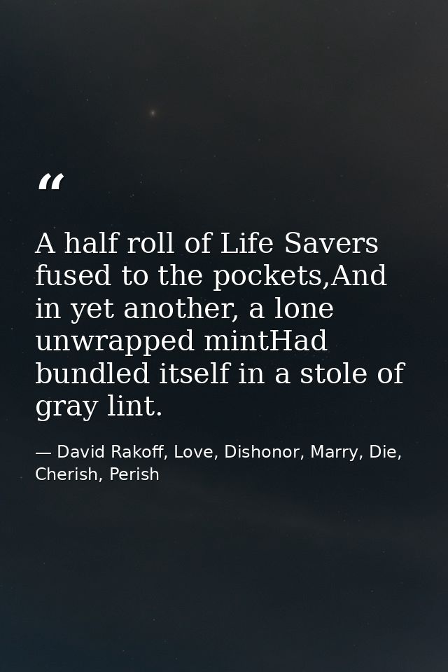 A half roll of Life Savers fused to the pockets,And in yet another, a lone unwrapped mintHad bundled itself in a stole o — David Rakoff, Love, Dishonor, Marry, Die, Cherish, Perish