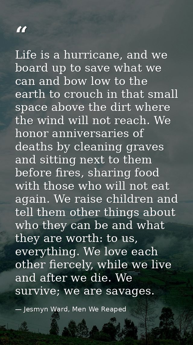 Life is a hurricane, and we board up to save what we can and bow low to the earth to crouch in that small space above th — Jesmyn Ward, Men We Reaped