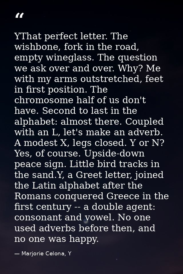 YThat perfect letter. The wishbone, fork in the road, empty wineglass. The question we ask over and over. Why? Me with m — Marjorie Celona, Y