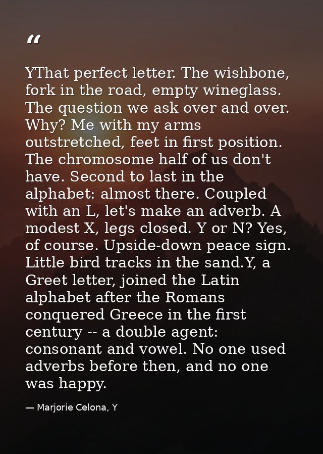 YThat perfect letter. The wishbone, fork in the road, empty wineglass. The question we ask over and over. Why? Me with m — Marjorie Celona, Y