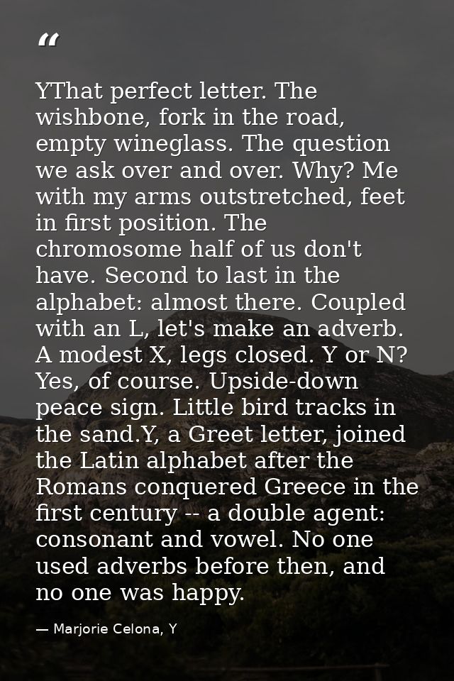 YThat perfect letter. The wishbone, fork in the road, empty wineglass. The question we ask over and over. Why? Me with m — Marjorie Celona, Y
