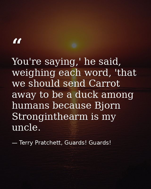 You're saying,' he said, weighing each word, 'that we should send Carrot away to be a duck among humans because Bjorn St — Terry Pratchett, Guards! Guards!