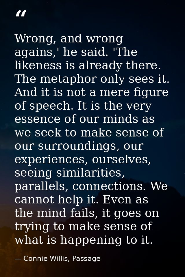 Wrong, and wrong agains,' he said. 'The likeness is already there. The metaphor only sees it. And it is not a mere figur — Connie Willis, Passage