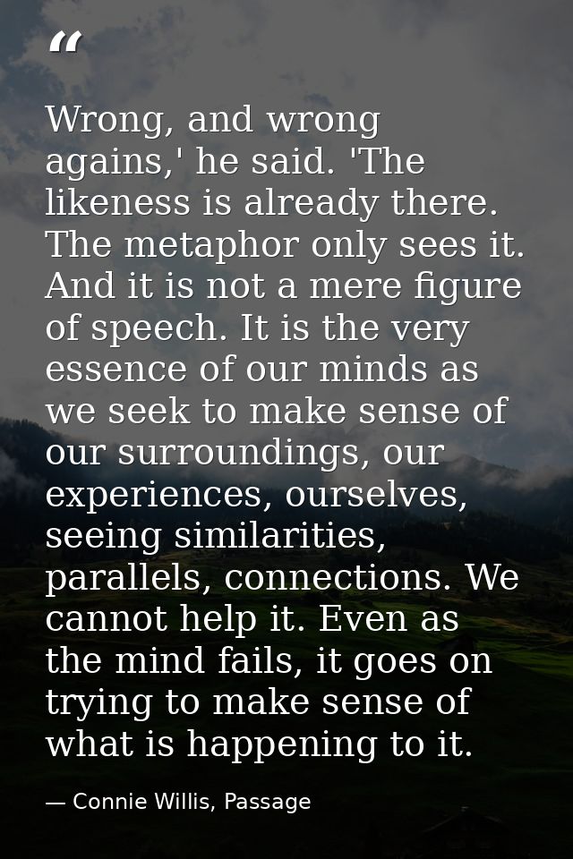 Wrong, and wrong agains,' he said. 'The likeness is already there. The metaphor only sees it. And it is not a mere figur — Connie Willis, Passage