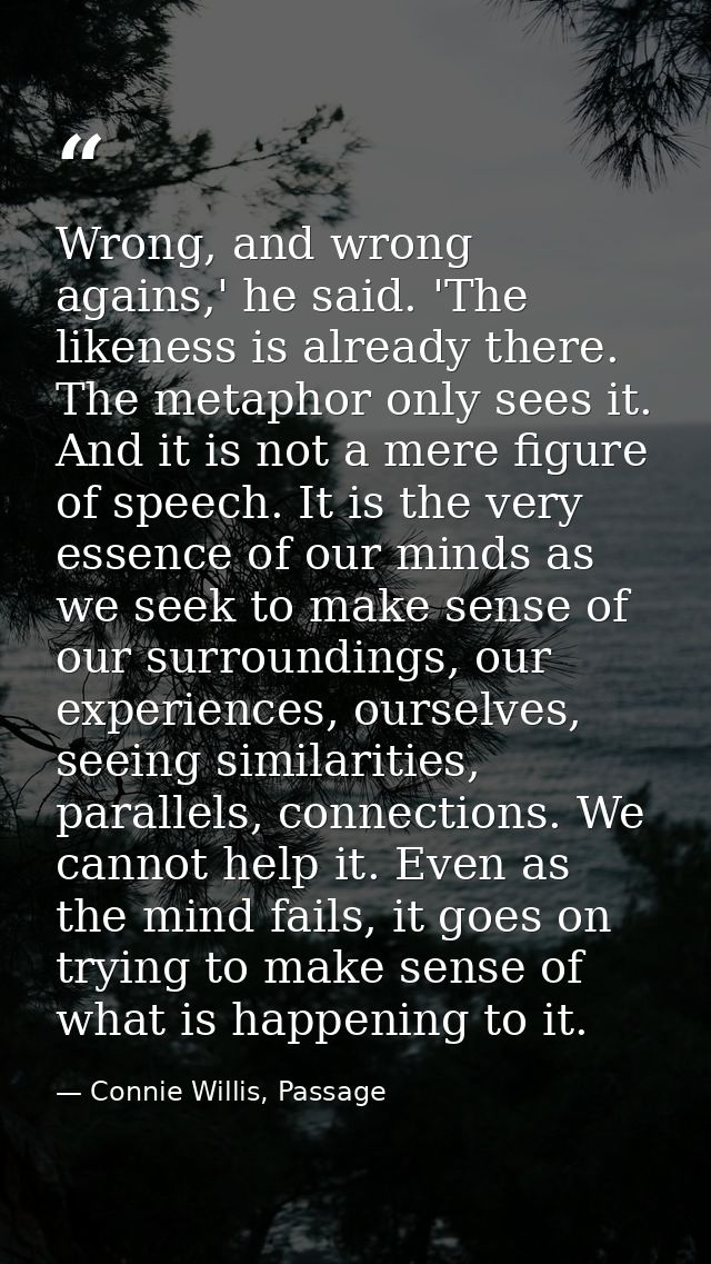 Wrong, and wrong agains,' he said. 'The likeness is already there. The metaphor only sees it. And it is not a mere figur — Connie Willis, Passage