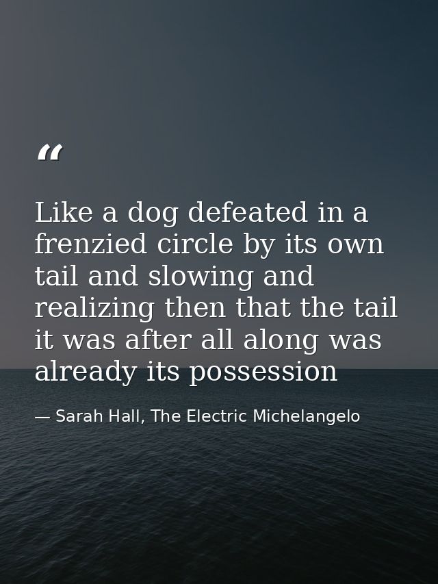 Like a dog defeated in a frenzied circle by its own tail and slowing and realizing then that the tail it was after all a — Sarah Hall, The Electric Michelangelo