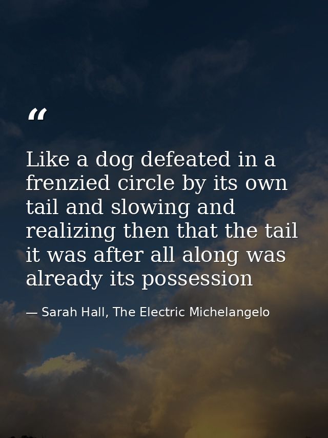 Like a dog defeated in a frenzied circle by its own tail and slowing and realizing then that the tail it was after all a — Sarah Hall, The Electric Michelangelo