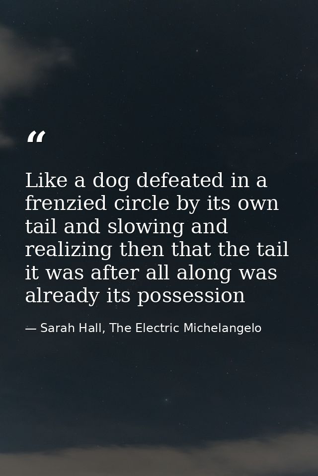 Like a dog defeated in a frenzied circle by its own tail and slowing and realizing then that the tail it was after all a — Sarah Hall, The Electric Michelangelo