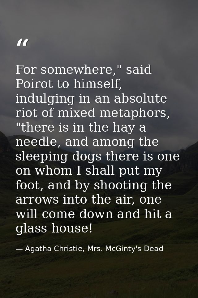 For somewhere," said Poirot to himself, indulging in an absolute riot of mixed metaphors, "there is in the hay a needle, — Agatha Christie, Mrs. McGinty's Dead