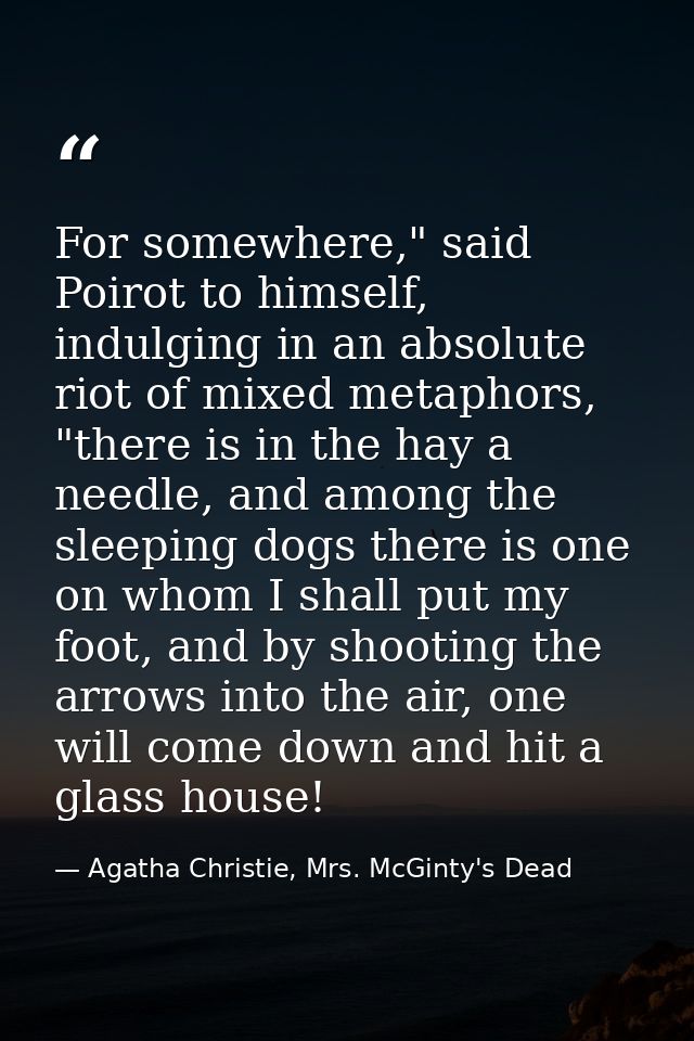 For somewhere," said Poirot to himself, indulging in an absolute riot of mixed metaphors, "there is in the hay a needle, — Agatha Christie, Mrs. McGinty's Dead