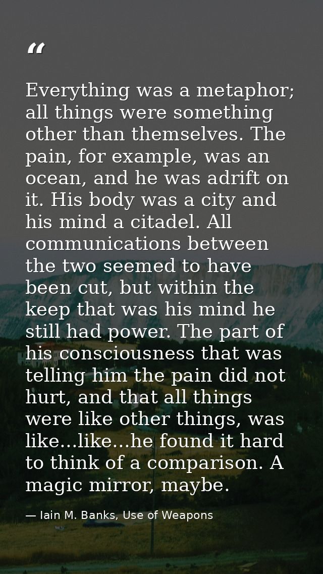 Everything was a metaphor; all things were something other than themselves. The pain, for example, was an ocean, and he  — Iain M. Banks, Use of Weapons