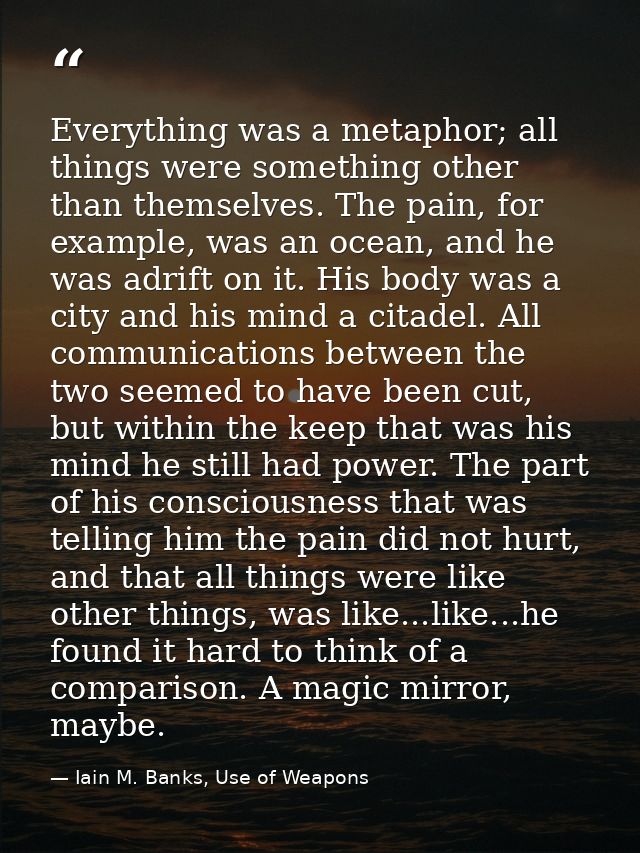 Everything was a metaphor; all things were something other than themselves. The pain, for example, was an ocean, and he  — Iain M. Banks, Use of Weapons