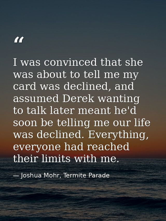 I was convinced that she was about to tell me my card was declined, and assumed Derek wanting to talk later meant he'd s — Joshua Mohr, Termite Parade