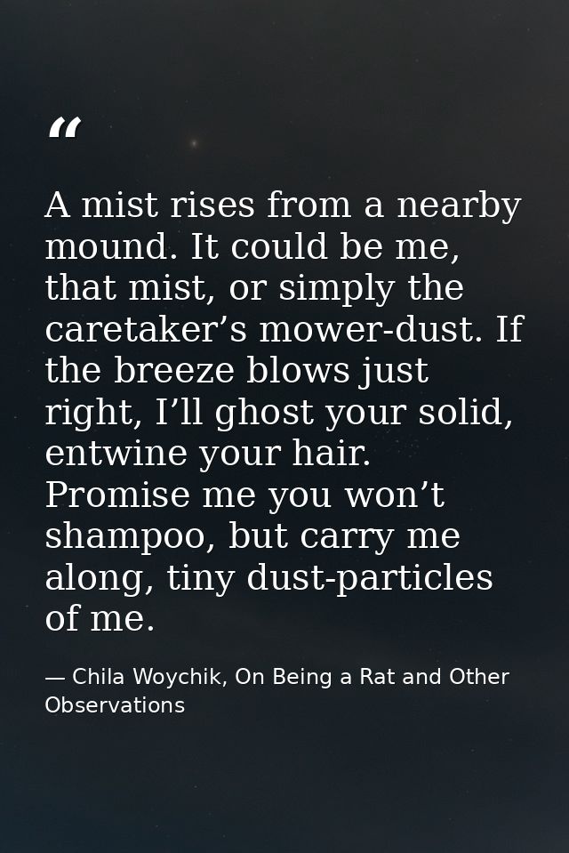 A mist rises from a nearby mound. It could be me, that mist, or simply the caretaker’s mower-dust. If the breeze blows j — Chila Woychik, On Being a Rat and Other Observations