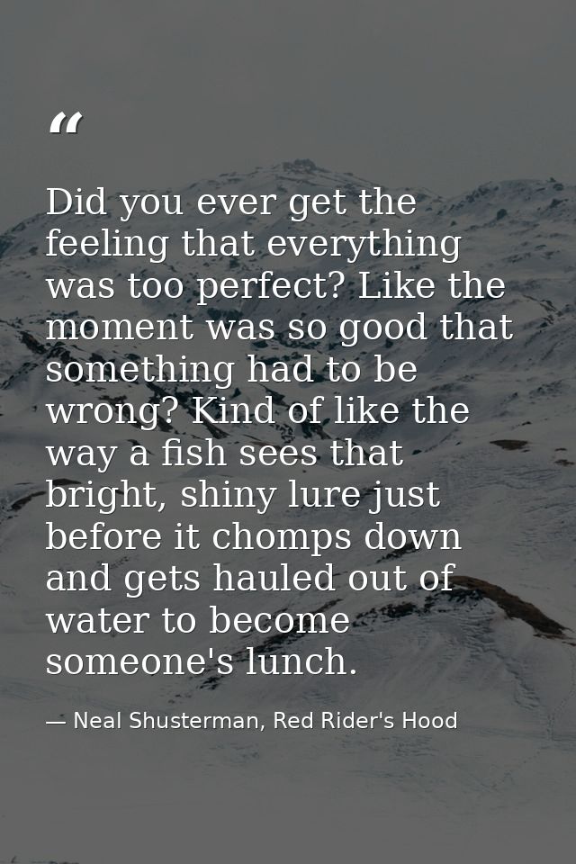 Did you ever get the feeling that everything was too perfect? Like the moment was so good that something had to be wrong — Neal Shusterman, Red Rider's Hood