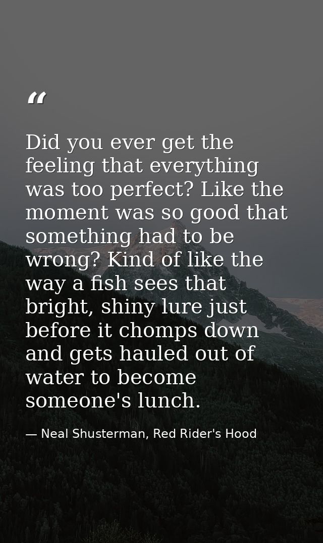 Did you ever get the feeling that everything was too perfect? Like the moment was so good that something had to be wrong — Neal Shusterman, Red Rider's Hood