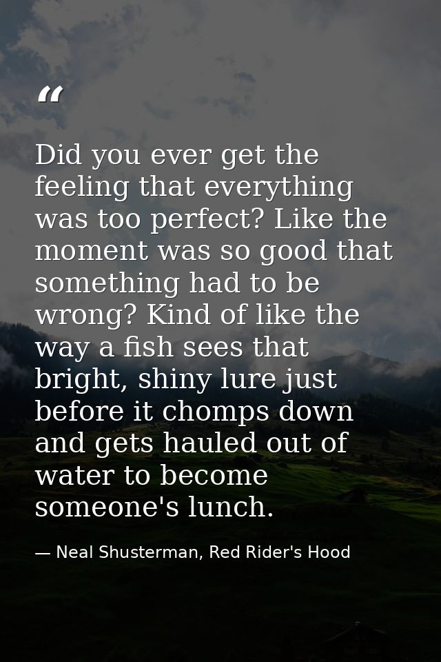 Did you ever get the feeling that everything was too perfect? Like the moment was so good that something had to be wrong — Neal Shusterman, Red Rider's Hood