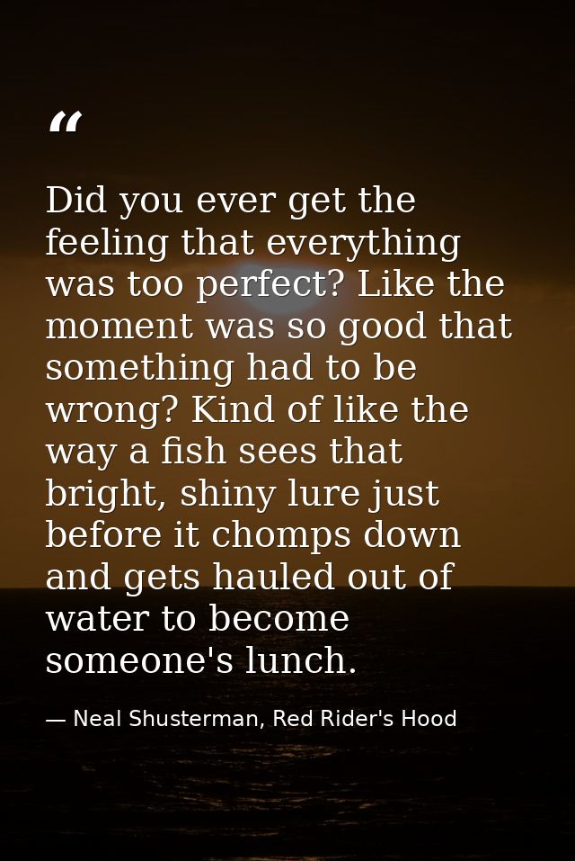 Did you ever get the feeling that everything was too perfect? Like the moment was so good that something had to be wrong — Neal Shusterman, Red Rider's Hood