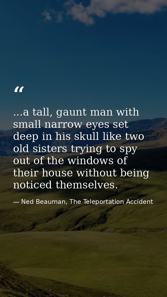 ...a tall, gaunt man with small narrow eyes set deep in his skull like two old sisters trying to spy out of the windows  — Ned Beauman, The Teleportation Accident