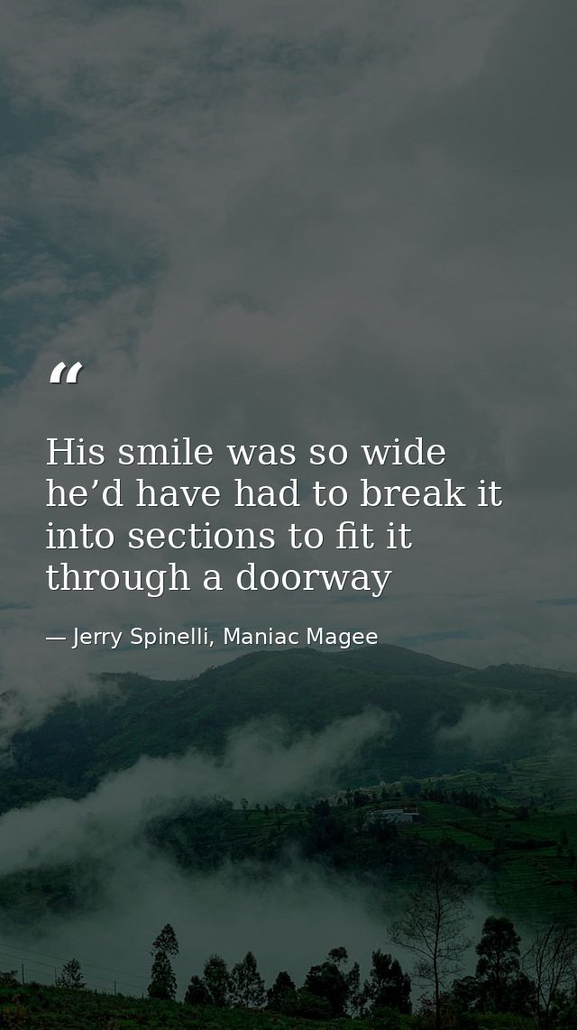 His smile was so wide he’d have had to break it into sections to fit it through a doorway — Jerry Spinelli, Maniac Magee