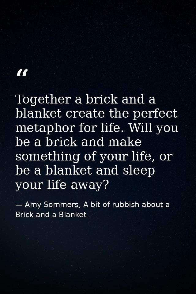 Together a brick and a blanket create the perfect metaphor for life. Will you be a brick and make something of your life — Amy Sommers, A bit of rubbish about a Brick and a Blanket
