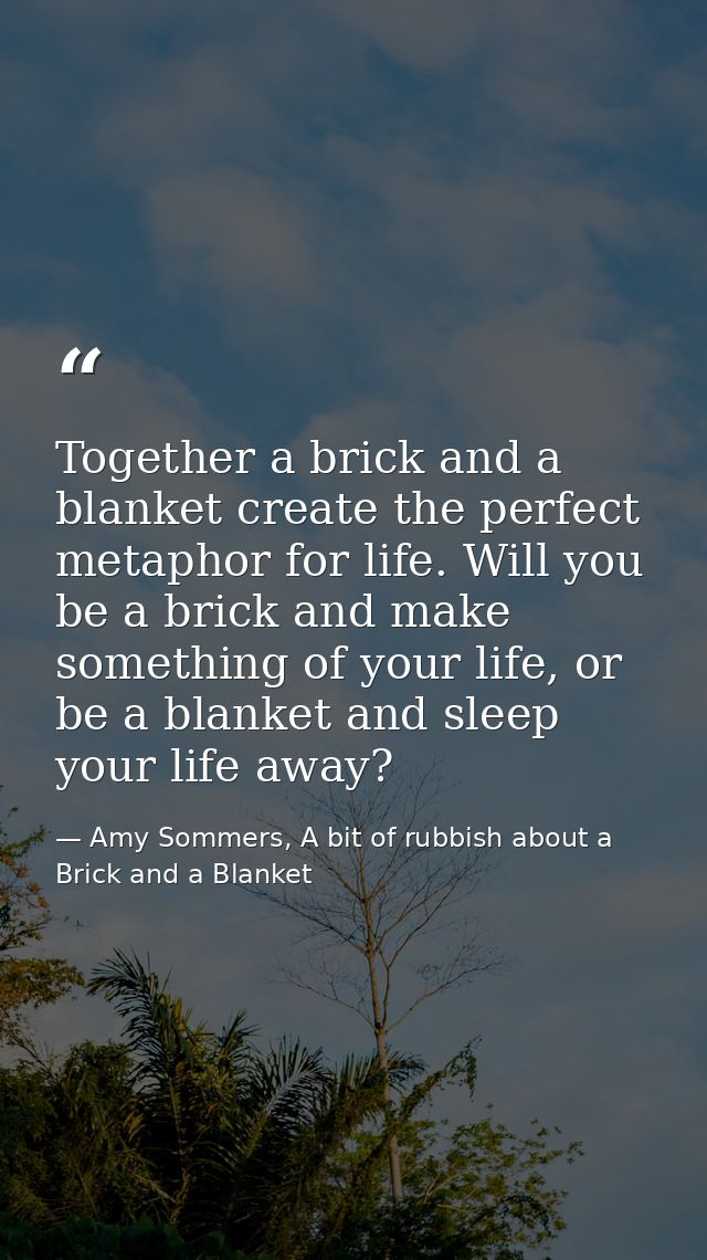 Together a brick and a blanket create the perfect metaphor for life. Will you be a brick and make something of your life — Amy Sommers, A bit of rubbish about a Brick and a Blanket