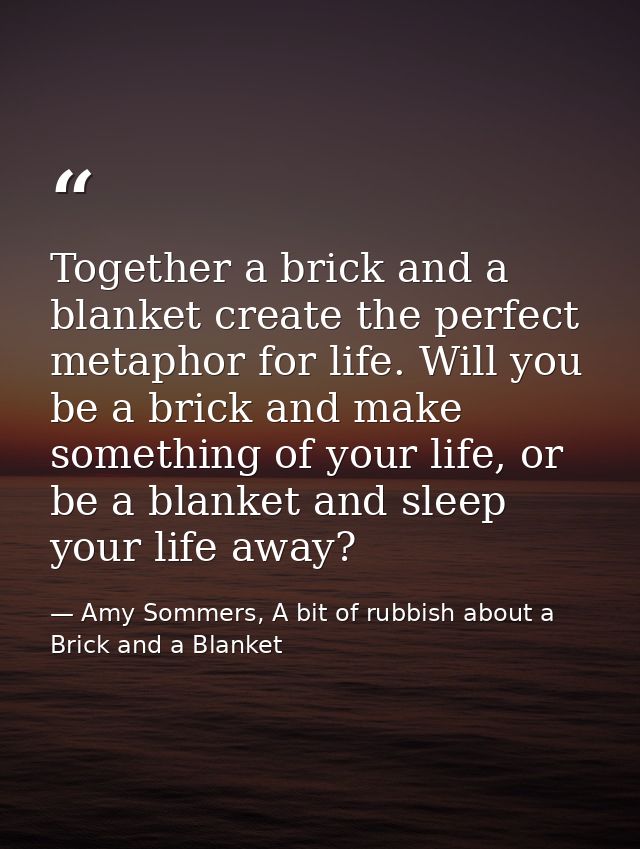 Together a brick and a blanket create the perfect metaphor for life. Will you be a brick and make something of your life — Amy Sommers, A bit of rubbish about a Brick and a Blanket