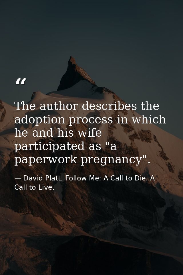 The author describes the adoption process in which he and his wife participated as "a paperwork pregnancy". — David Platt, Follow Me: A Call to Die. A Call to Live.