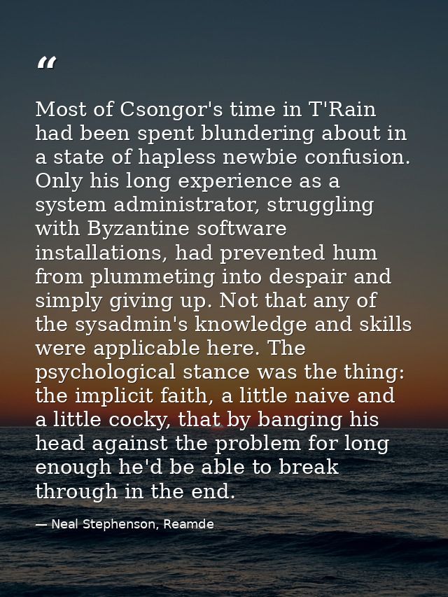 Most of Csongor's time in T'Rain had been spent blundering about in a state of hapless newbie confusion. Only his long e — Neal Stephenson, Reamde