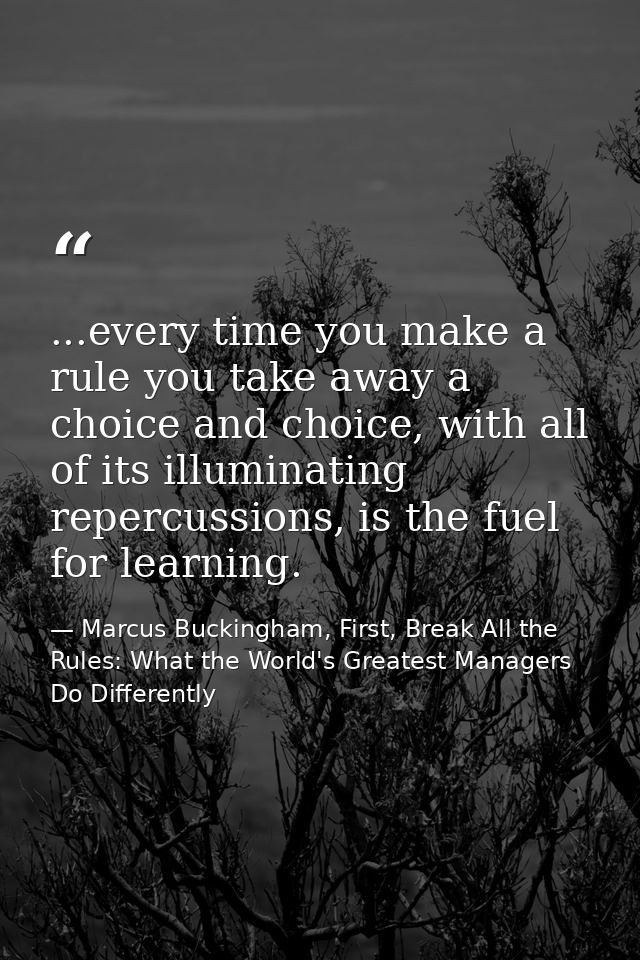 ...every time you make a rule you take away a choice and choice, with all of its illuminating repercussions, is the fuel — Marcus Buckingham, First, Break All the Rules: What the World's Greatest Managers Do Differently