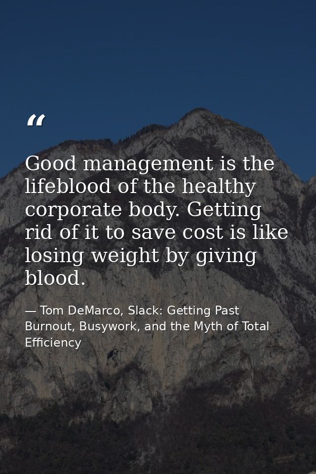 Good management is the lifeblood of the healthy corporate body. Getting rid of it to save cost is like losing weight by  — Tom DeMarco, Slack: Getting Past Burnout, Busywork, and the Myth of Total Efficiency