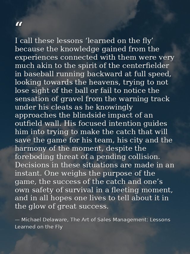I call these lessons ‘learned on the fly’ because the knowledge gained from the experiences connected with them were ver — Michael Delaware, The Art of Sales Management: Lessons Learned on the Fly