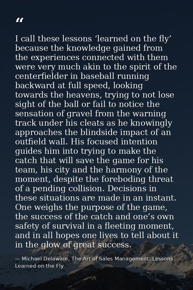 I call these lessons ‘learned on the fly’ because the knowledge gained from the experiences connected with them were ver — Michael Delaware, The Art of Sales Management: Lessons Learned on the Fly