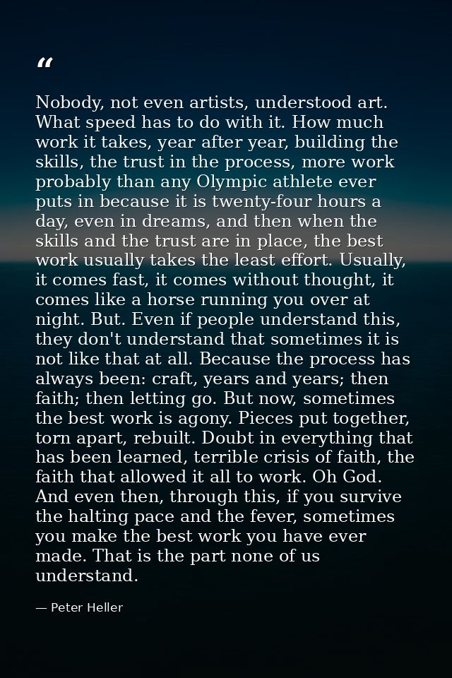 Nobody, not even artists, understood art. What speed has to do with it. How much work it takes, year after year, buildin — Peter Heller