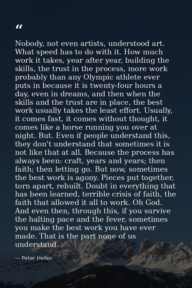 Nobody, not even artists, understood art. What speed has to do with it. How much work it takes, year after year, buildin — Peter Heller