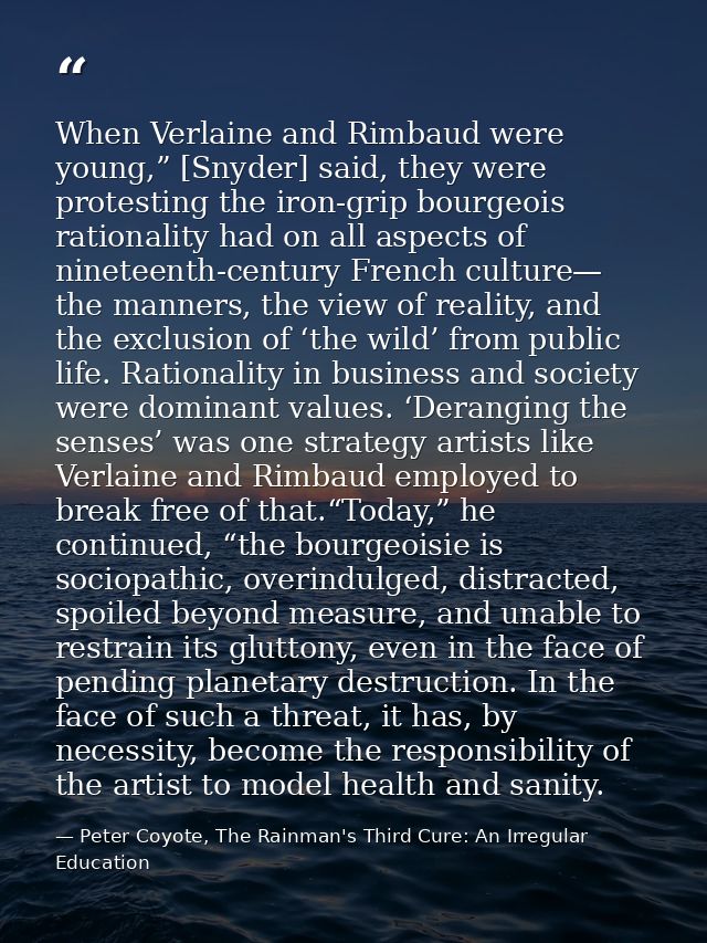 When Verlaine and Rimbaud were young,” [Snyder] said, they were protesting the iron-grip bourgeois rationality had on al — Peter Coyote, The Rainman's Third Cure: An Irregular Education